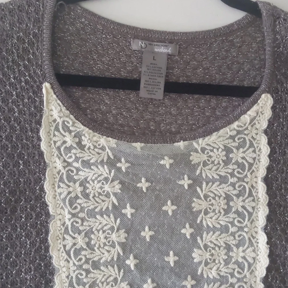 Gray and cream batwing type/ sleeveless crochet sweater. Women's size large